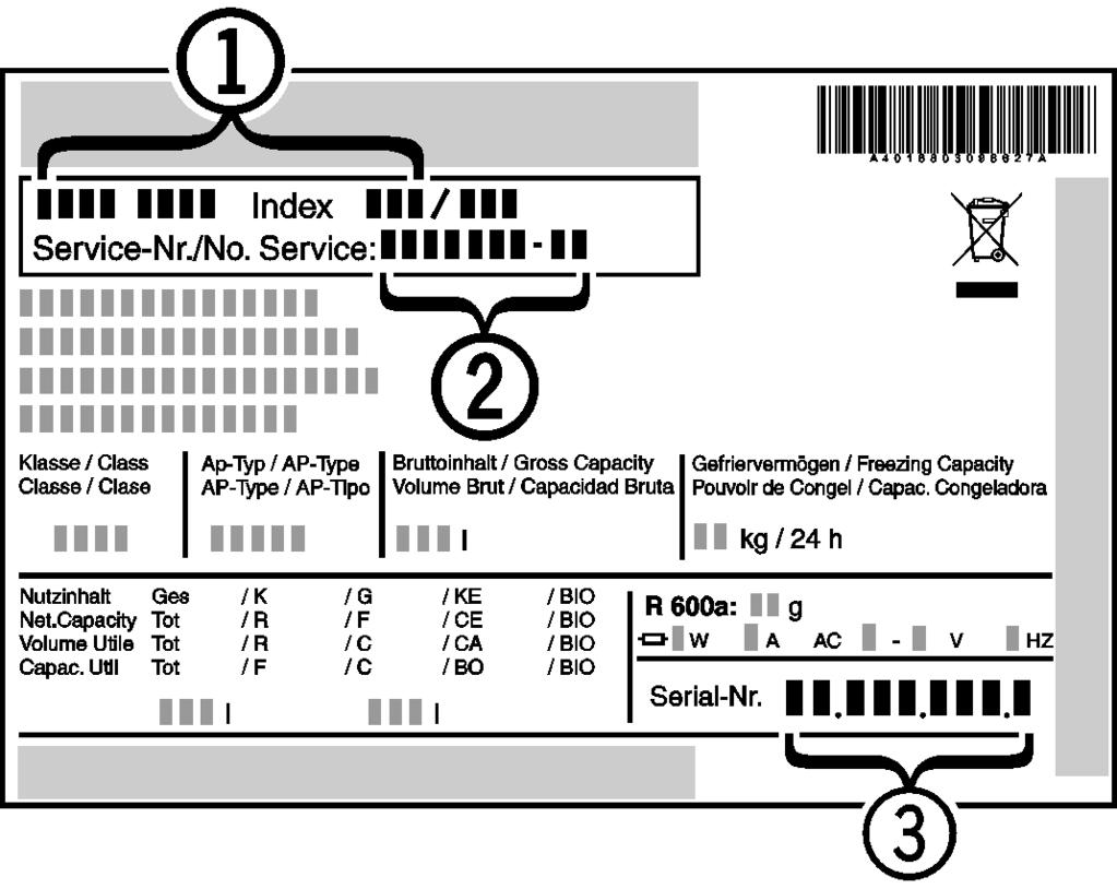 Poruchy u Označení přístroje Fig. 10 (1), servisní číslo Fig. 10 (2) a sériové číslo Fig. 10 (3) naleznete na typovém štítku. Identifikační typový štítek je umístěn na levé vnitřní stěně přístroje.