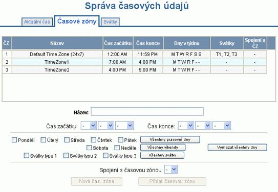 Konfigurace správy časových údajů 2.3.2 Záložka Časové zóny Panel NetAXS řídí přístup pomocí časových zón nebo časových plánů.