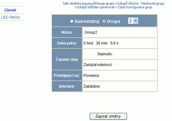 Konfigurace dveří Konfiguraci grupy výstupů zobrazíte klepnutím na možnost Grupa a vybráním čísla grupy z rozevíracího seznamu v horní části obrazovky. Zobrazí se konfigurace grup.