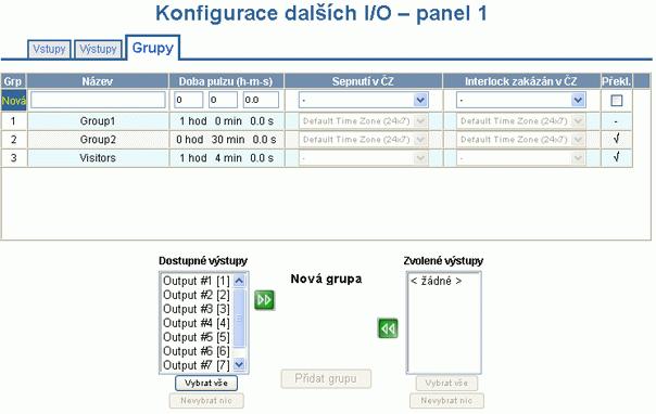 Konfigurace záložky Další I/O a Grupy 2.7.3 Záložka Grupy Tato záložka umožňuje konfiguraci skupin výstupů, tzv. grup.