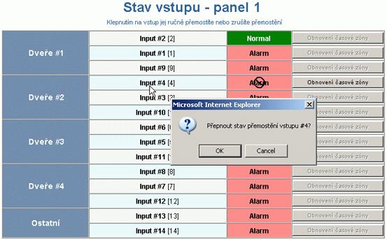 Sledování stavu panelu NetAXS Sledování vstupů Kroky: 1. Pokud chcete přemostit vstup nebo přemostění zrušit, klepněte na název vstupu a zobrazí se výzva.