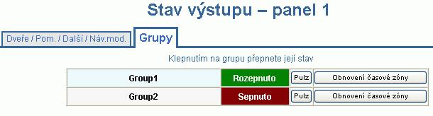 Sledování stavu panelu NetAXS Sledování výstupů Po klepnutí na možnost Stav > Výstupy > Grupy se zobrazí záložka Grupy obrazovky Stav výstupu: Obrázek 4-7: Záložka Stav > Výstupy > Grupy Záložka Stav