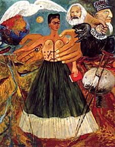 Obr. 38 Frida Kahlo, Marxismus uzdraví nemocné, 1954, olej na plátně. Tento obraz představuje utopickou vizi, že by politické přesvědčení mohlo uzdravit lidstvo, zbavit ho utrpení.