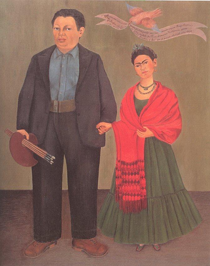 Obr. 50 Frida Kahlo, Frida Kahlo a Diego Rivera, 1931, olej na plátně 100 x 78,7 cm Skutečný výškový rozdíl mezi manželi působí