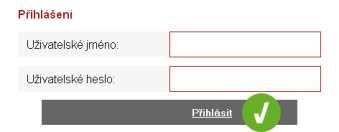 Vyplňte přihlašovací jméno a heslo, potvrďte klávesou Enter nebo levým tlačítkem myši na zelené potvrzovací ikoně.