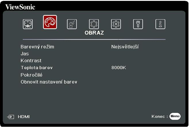 Nabídka OBRAZ 1. Stiskněte tlačítko Menu (Nabídka) pro zobrazení nabídky na projekční ploše (OSD). 2. Stisknutím tlačítek / vyberte nabídku OBRAZ.