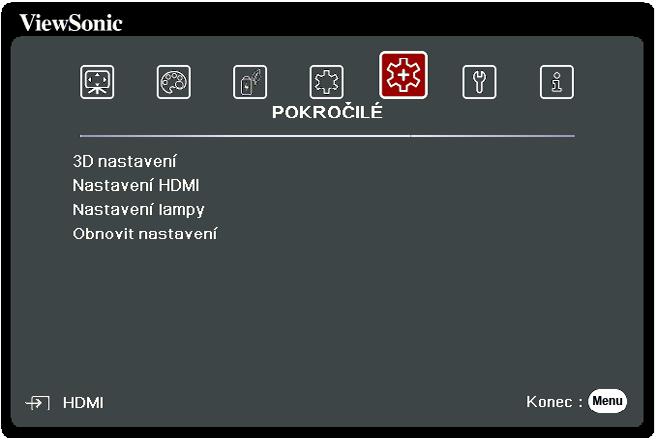 Nabídka POKROČILÉ 1. Stiskněte tlačítko Menu (Nabídka) pro zobrazení nabídky na projekční ploše (OSD). 2. Stisknutím tlačítek / vyberte nabídku POKROČILÉ.