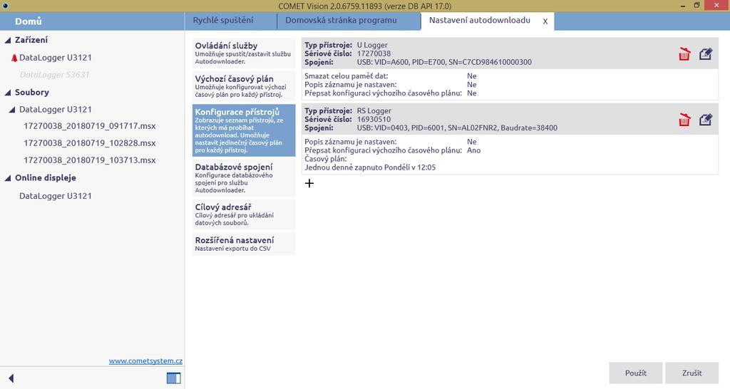 8.1.3 Konfigurace přístrojů Pro zařízení, která jsou zde zobrazena, je aktivována funkce Autodownloader.