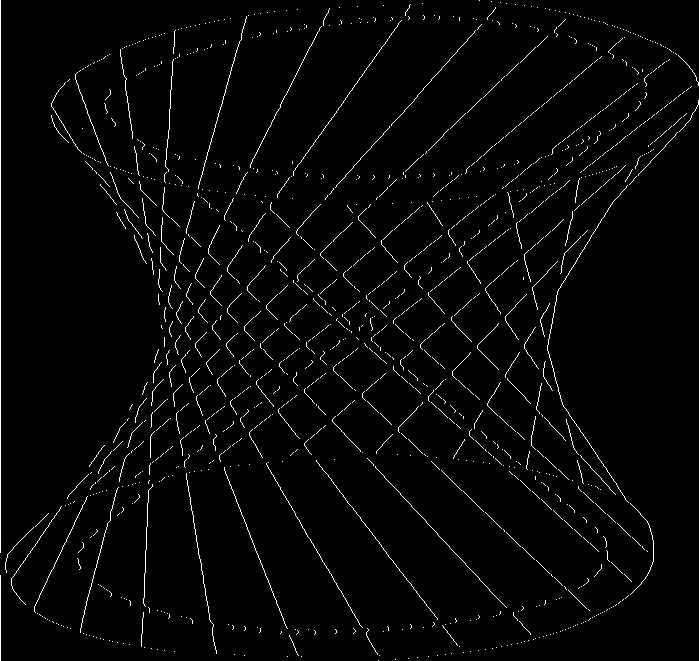 Jednodílný hyperboloid s regulem přímek a kuželovou plochou asymptotickou.