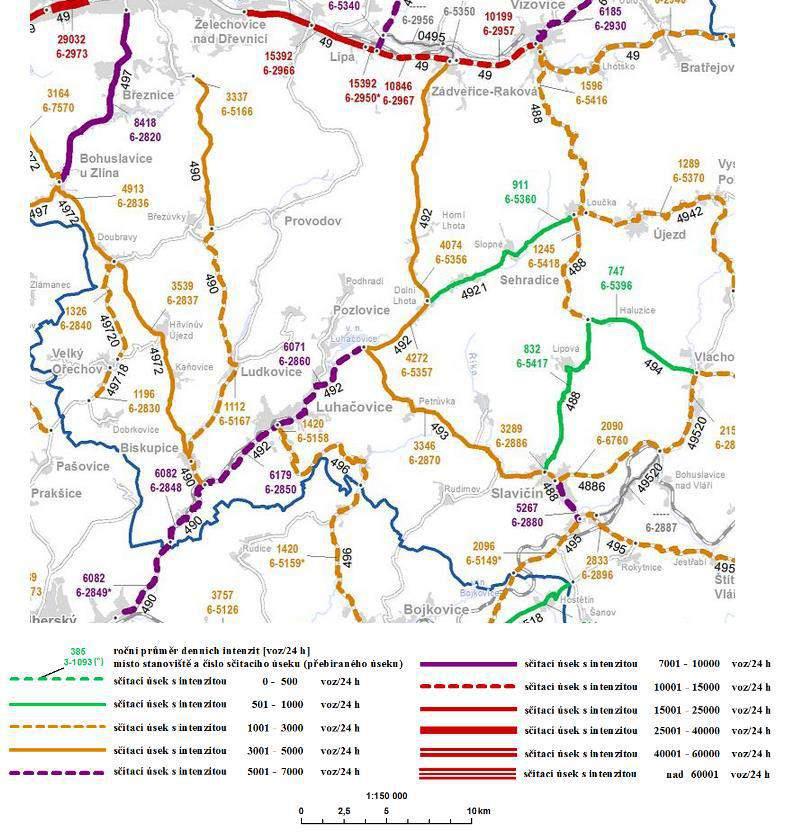 Obrázek 9 Dopravní zatížení komunikací v MAS Luhačovské Zálesí v roce 2010 Zdroj: Celostátní sčítání dopravy 2010 (http://scitani2010.rsd.cz/pages/map/default.