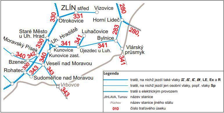 o Trať není elektrifikována a má spíše místní význam pro spojení k vlaku č. 340 (Vlárský průsmyk Veselí nad Moravou Brno) v Újezdci u Luhačovic. Provoz na tomto úseku je stabilizován.