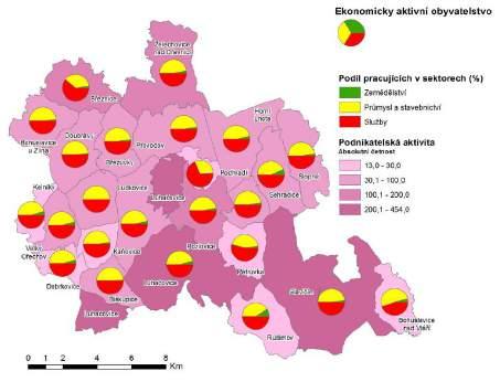 Obrázek 13 Podíl pracujících a podnikatelská aktivita v roce 2011 Zdroj: SLDB, 2011, vlastní zpracování Shrnutí: Obyvatelé jsou nejčastěji zaměstnáni ve službách, popřípadě v průmyslu a ve