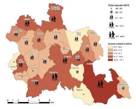 Obrázek 4 Počet obyvatel a hustota zalidnění Zdroj: ČSÚ, vlastní úprava Nejzabydlenějším územím v roce 2013 je město Slavičín s hustotou zalidnění 197,06 obyvatel/km 2 a město Luhačovice s