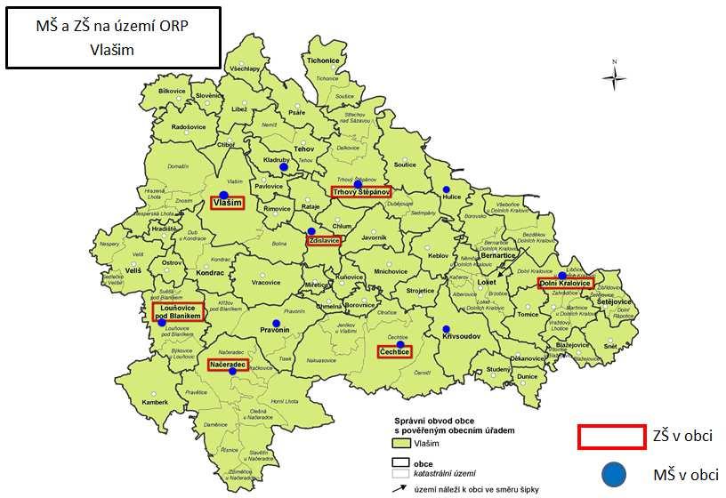 Obrázek č. 2.3: Mapa MŠ a ZŠ na území ORP Vlašim podkladový zdroj: ČSÚ Na území je poměrně hustá síť mateřských a základních škol, přičemž jsou dobře dopravně dostupné.