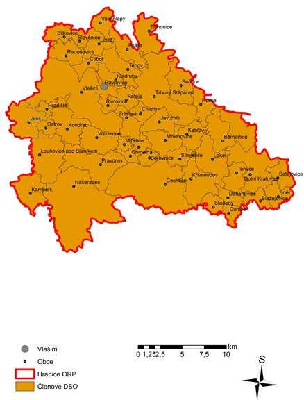 Obrázek č. 6.2: Mapa obcí v území ORP zapojených do DSO Přirozeným centrem území je město Vlašim s bezmála dvanácti tisíci obyvateli.