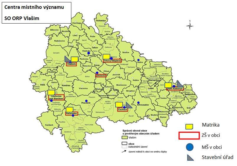 Obrázek č. 6.3: Mapa center místního významu Podkladový zdroj: ČSÚ, data: vlastní šetření Mapa výše znázorňuje prostorové uspořádání tzv.