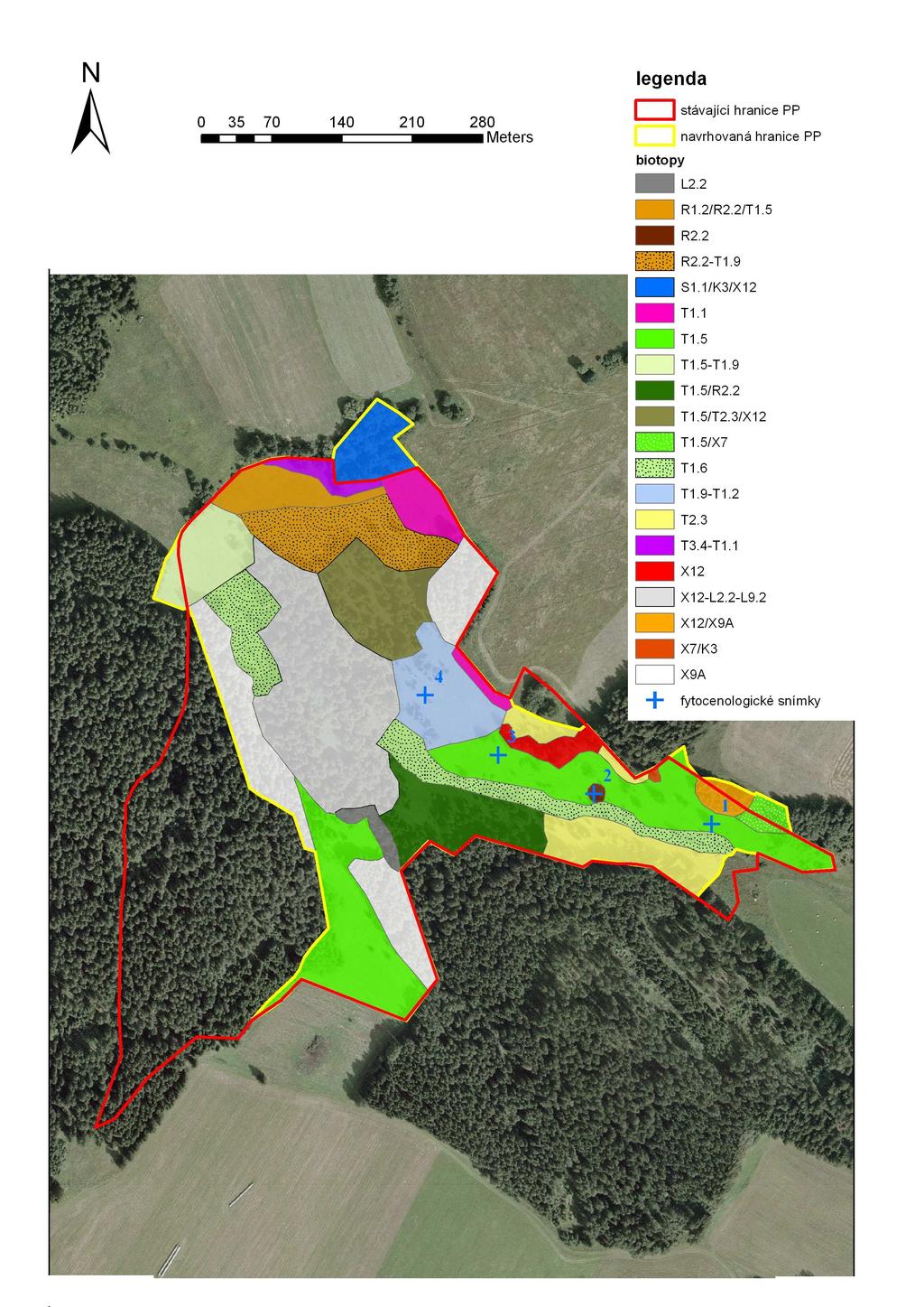 R1.1/R2.1/T1.5 Obr 4: Mapa aktuální vegetace PP Slavkovické louky, stav v r. 2009. Uvedeny jsou pouze vysvětlivky k samostatným kódům biotopů.