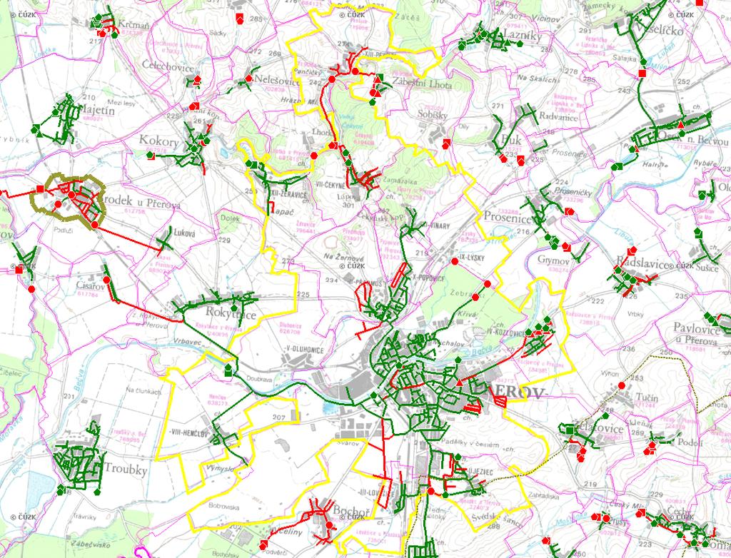 E. KANALIZACE A ČOV Mapa E1: Kanalizace - rozvody v obci Trasování sítí, lokalizace ČOV, čerpací stanice (ČS), výústě Obec: Legenda: Kanalizace: Ochranné pásmo: Vyústění: do 2015 po 2015 I IA IB II