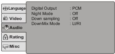 Trois valeurs vous sont proposées : Off (Désactivé), PCM (PCM) et ALL (Tout). Option Night Mode (Mode nuit) Choisissez cette option pour activer (On) ou désactiver (Off) le mode nuit.