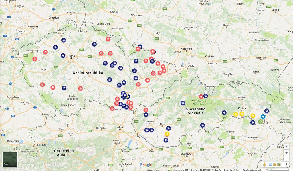 Obr. 1 - Geografické vyobrazení výsledků testování citlivosti blýskáčků na lambdacyhalothrin v roce 2016: stupně rezistence (st.