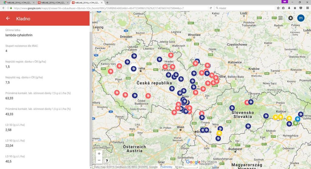 Obr. 3 - Po kliknutí myší na ikonu lokality se zobrazí několik základních informací o konkrétní testované populaci: uvedena je kontaktní laboratorní účinnost dosažená dávkou odpovídající maximální