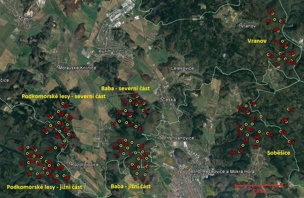 Příloha 1: Letecký snímek první části studovaného území v okolí Brna s popisky jednotlivých lokalit.