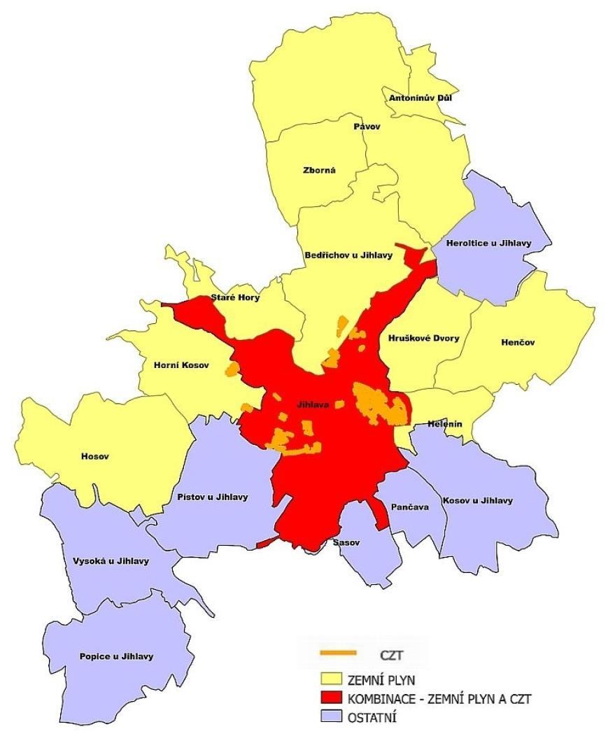 Jednotlivé části města Jihlavy, kde je dostupný zemní plyn, resp.