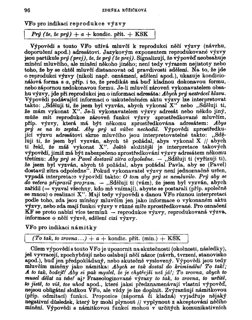 96 ZDEŇKA RŮŽIČKOVÁ VFo pro indikaci reprodukce výzvy Prý (že, že prý) + a + kondic. přít. -f KSK Výpovědí s touto VFo užívá mluvčí k reprodukci něčí výzvy (návrhu, doporučení apod.) adresátovi.