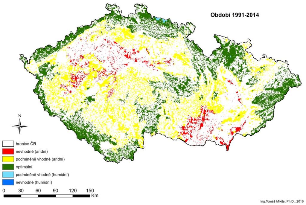 Obr. 21 Podmínky pro pěstování smrku pro období 1961 1990 (data ČHMÚ)