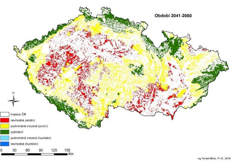 Obr. 23 Podmínky pro pěstování smrku pro období 2021 2040 (GCM IPSL)