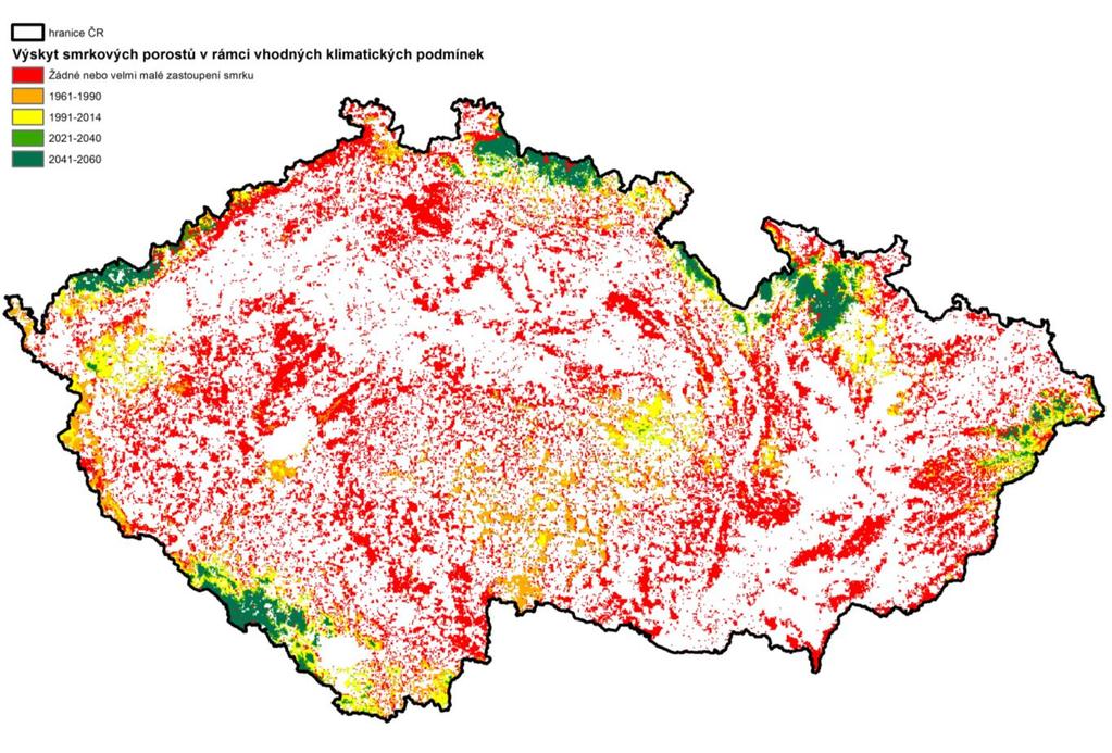 Obr. 29 Výskyt současných smrkových porostů v rámci vhodných klimatických podmínek ZÁVĚR Prezentované mapy podmínek pro pěstování cílových hospodářských dřevin v rámci ČR nelze interpretovat tak, že