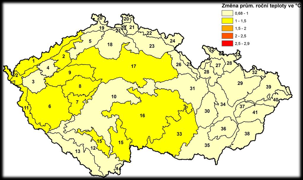 Obr. 1 Změna průměrné roční teploty mezi obdobími 1991 2014 a 1961 1990 za PLO