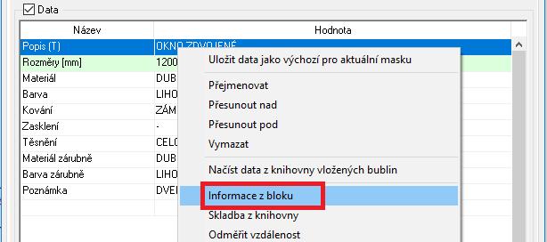 Vyvolaná nabídka přes pravé tlačítko myši s volbou pro načtení informací z bloku ve výkresu.