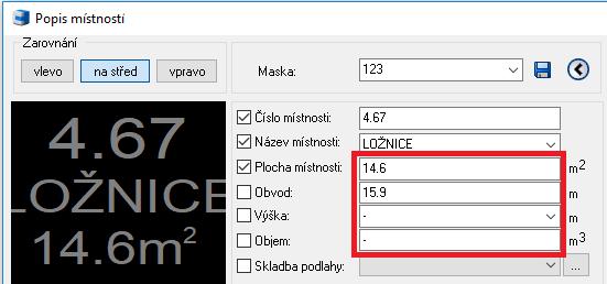 Zadaná pomlčka v jednotlivých číselných položkách je zobrazena také v tabulce popisů místností. Nezadaná hodnota formou pomlčky u číselných položek.