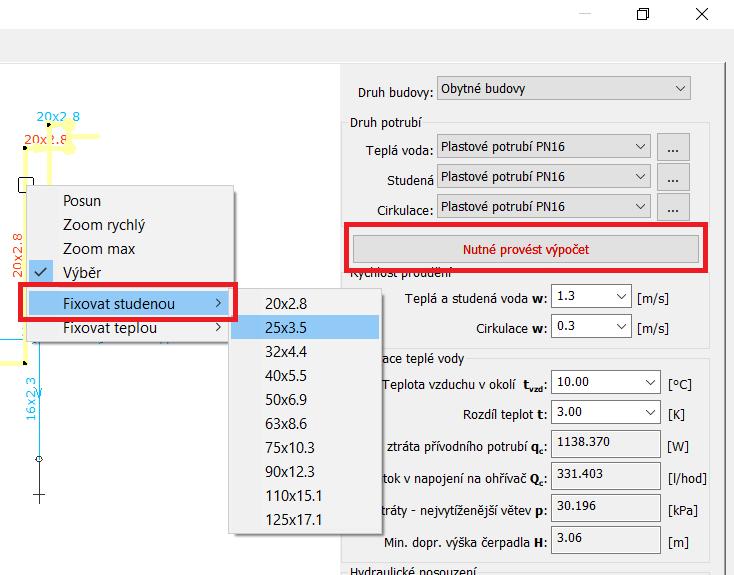 Dodatečné změny ve výpočtech Možnost uživatelské změny navržených dimenzí a jejich fixace pro následné výpočty.