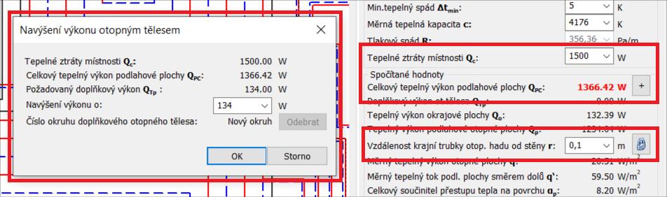 Dodatečné změny Možnost zadat tepelné ztráty a vložit doplňkové otopné těleso, které pokryje rozdíl tepelných ztrát a výkonu podlahového topení. Možnost fixace odstupu krajní trubky.