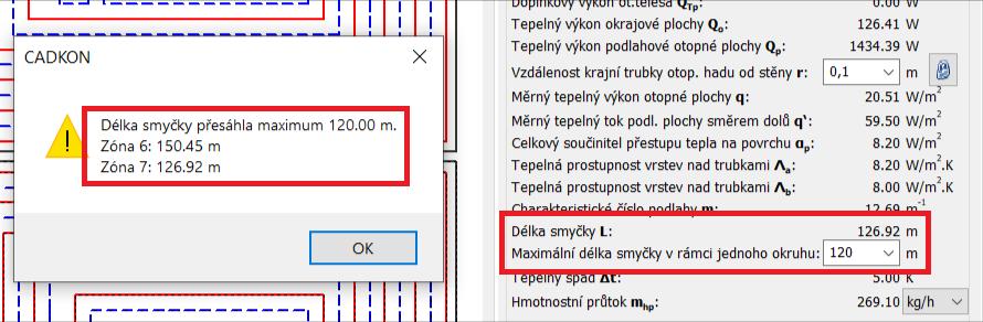 Ovládání a přehled Hlášení o překročení maximální délky smyčky je doplněno o informace aktuálních délek jednotlivých okruhů. Hlášení o překročení maximální délky smyčky okruhů.