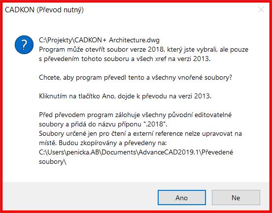 Podpora formátu DWG 2018 CADKON+ 2019 obsahuje převodník formátu DWG 2018.