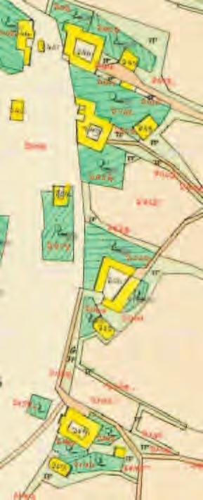 Situace čtyř usedlostí na terase nad pravým břehem Loučné na jižním konci obce Čistá u Litomyšle na mapě stabilního katastru z roku 1839.