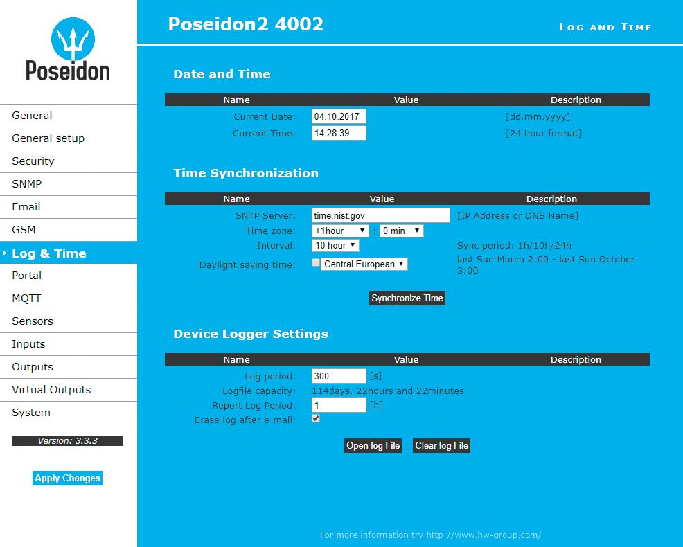 GSM Log & Time 3 2 2 IP adresa kde je umístěná HWg-SMS-GW 2 Telefonní čísla přes kterou bude Poseidon2 posílat SMS příjemců Stisknutím tlačítka ručně synchronizujeme 2 Perioda ukládání naměřených 3