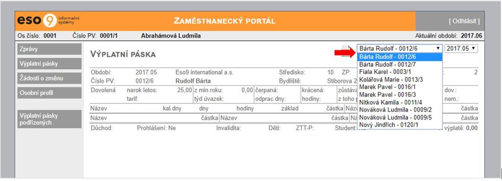 2.6 Výplatní pásky podřízených Zaměstnanci, kteří zastávají ve společnosti vedoucí pozici a mají pod sebou podřízené zaměstnance, mohou prostřednictvím ZMP zobrazovat a ukládat výplatní pásky svých