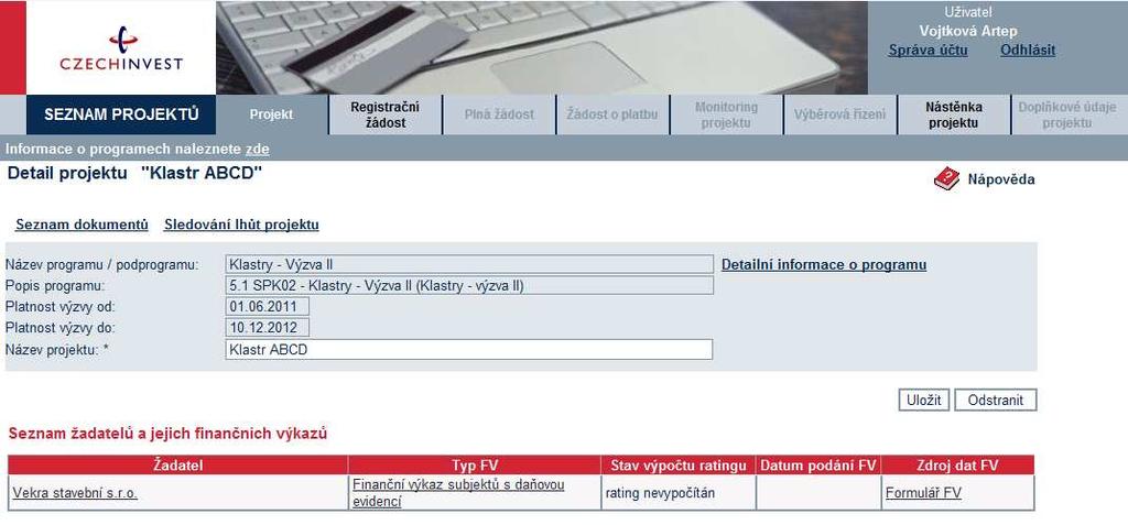 Vzorová ukázka po zadání (po uložení) nového projektu do aplikace eaccount Kontextová nápověda Nástěnka projektu určená pro komunikaci mezi žadatelem a projektovým manažerem CzechInvestu