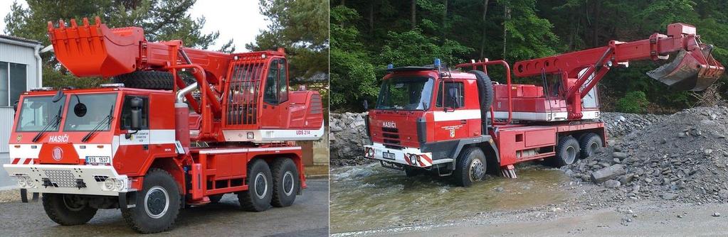 Univerzální dokončovací stroj UDS - 214 / 114 k rozkrývání sutin zřícených budov, provádění výkopových, zemních a demoličních prací a drobných terénních úprav čištění koryt vodních toků, nakládka