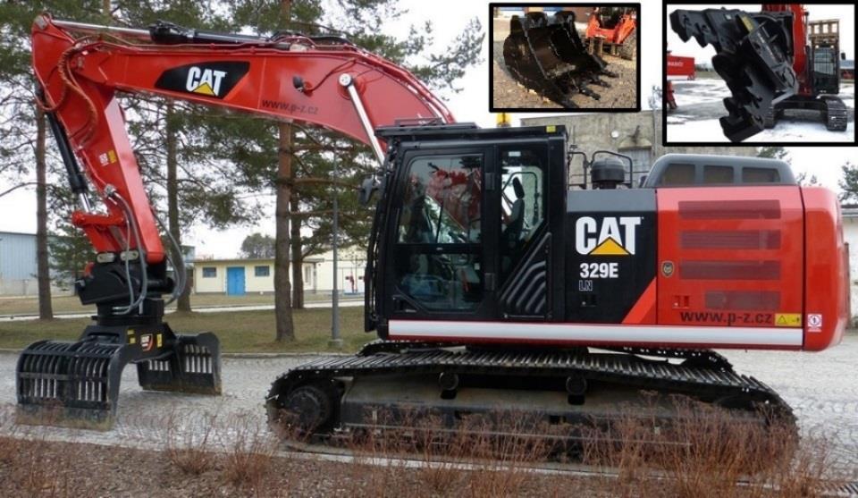 Pásové rypadlo CAT 329E / CAT 336F LN SB provádění rozkrývání sutin zřícených budov, zemní a demoliční práce nouzové využití i k improvizovanému zvedání a překládání zpřístupnění