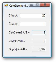Př. program na normální a celočíselné dělení.