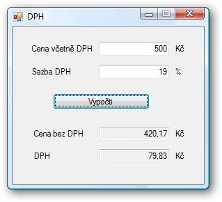 Př. program, který z ceny a sazby DPH vypočítá cenu bez DPH a