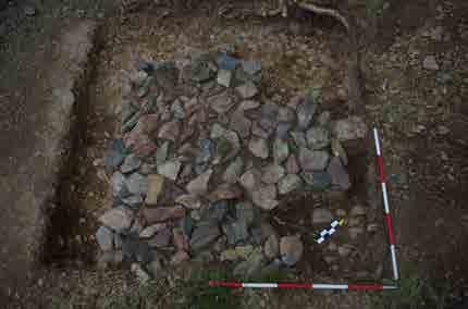 28 29 (obr. 37) Zbytky kamenné konstrukce v sondě 6 ukazující na přítomnost kamenné konstrukce v prostoru vstupní šíje. Foto P. Kastl. valu, ale stále běží západním směrem.