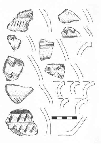 34 přítomnost historického nadloží o mocnosti do 50 cm. V sondách se podařilo odhalit 7 nepravidelných jam nebo kůlových jamek.