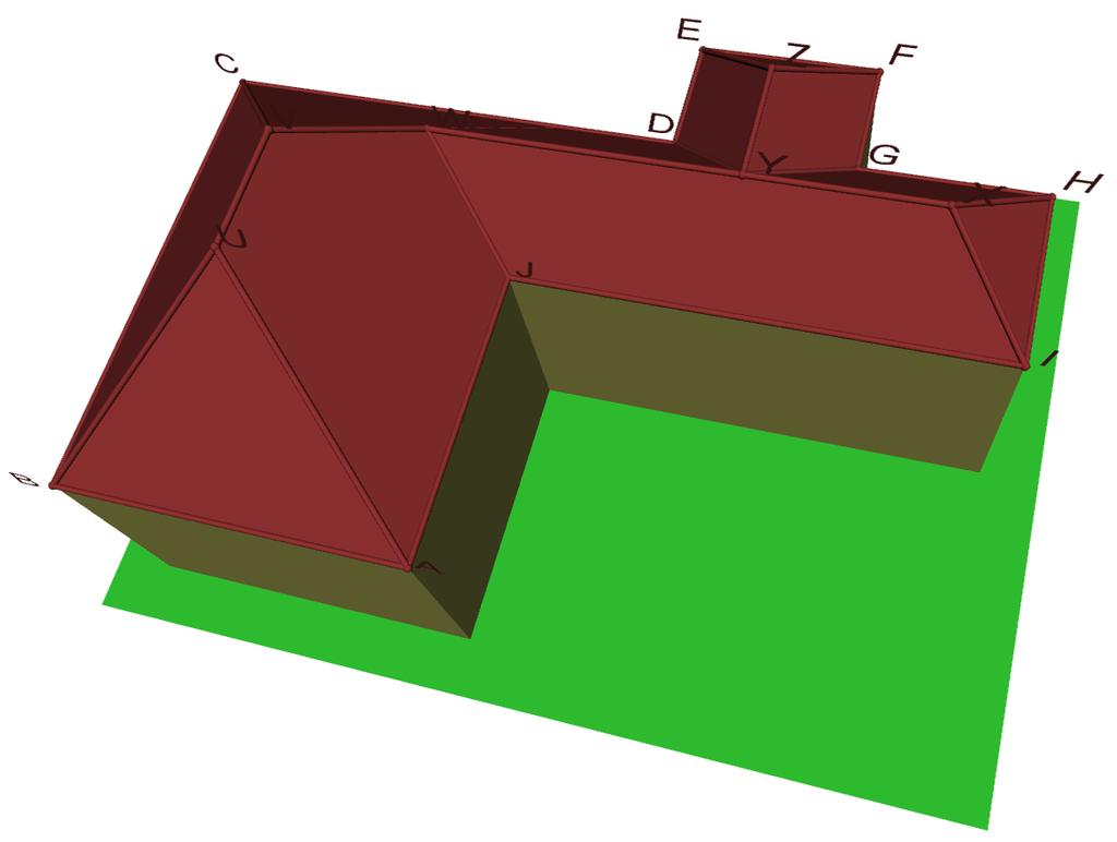 Teoretické řešení střech Zastřešení členitějšího půdorysu kótované promítání Řešené úlohy Příklad: V kótovaném promítání zobrazte úhlovou valbovou střechu nad daným