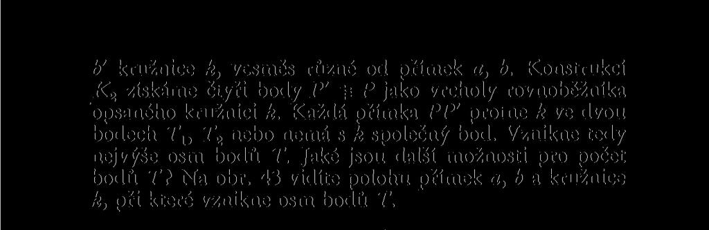 b' kružnice k, vesměs různé od přímek a, b. Konstrukcí K 2 získáme čtyři body P' ^ P jako vrcholy rovnoběžníka opsaného kružnici k.